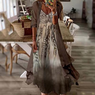 2Pcs/Set Dress Set V-Neck Large Hem Printed Summer Women Sling Design Dress Long