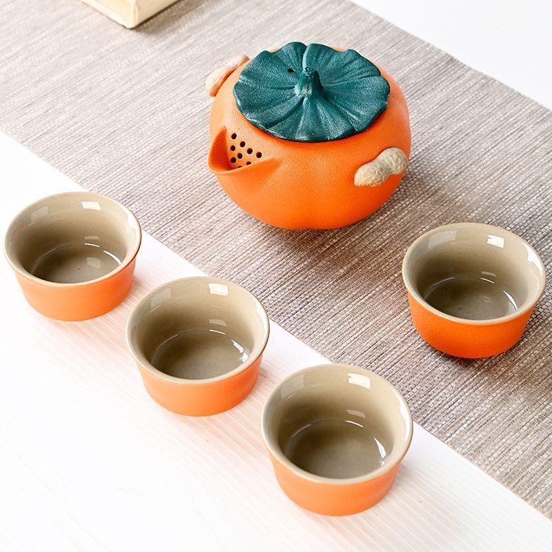 Creative Ceramic Tea Set, Including 1 Teapot, 4 Tea Cups, Peanut and Persimmon Teapot Set, Ceramic Kung Fu Tea Maker