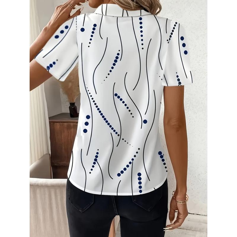 Women's Summer Striped Polka Dot Print Short Sleeve Button-Up Shirt - Elegant Lapel Collar, White Base with Blue and Black Patterns Shirt