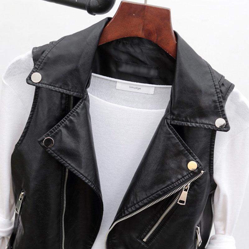 Spring and Autumn Women's Short Artificial Leather Vest Korean Style Sleeveless Jacket with Leather Belt