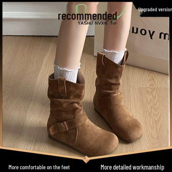 Damskie botki retro z okrągłym noskiem - Jesień/Zima Gruba podeszwa Styl kowbojski