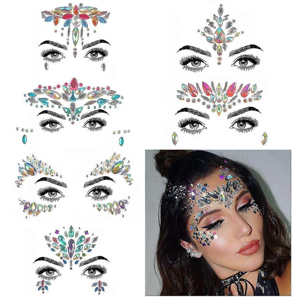 6 Sets Rhinestone Mermaid Face Jewels Tattoo - Body Stickers Crystal Tears Gem Stones Bindi Temporary Stickers