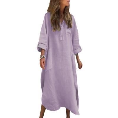 Spring and Autumn Women's Dress Elegant Solid Color Irregular Dresses Simple Button Pocket Long Dresses