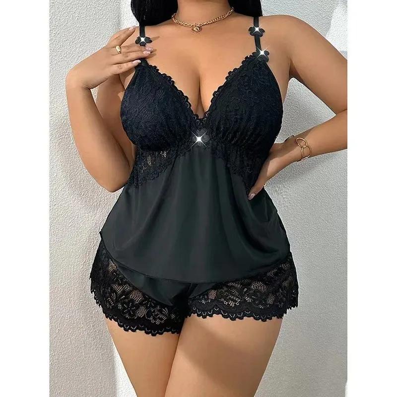 Plus Size Lace Camisole Nightdress Sexy Shorts Set Pure Desire Loungewear Solid Color Casual Shorts Sets