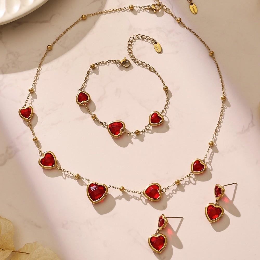Colorful Heart-shaped Jewelry Set Stainless Steel Earrings Hand Chain Heart Glass Necklace  Gift