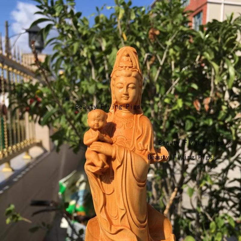 Wooden Statue of Guanyin Sending Children Chinese Style Figure of The Buddha Solid Wood Carving Crafts Home Decoration 20cm