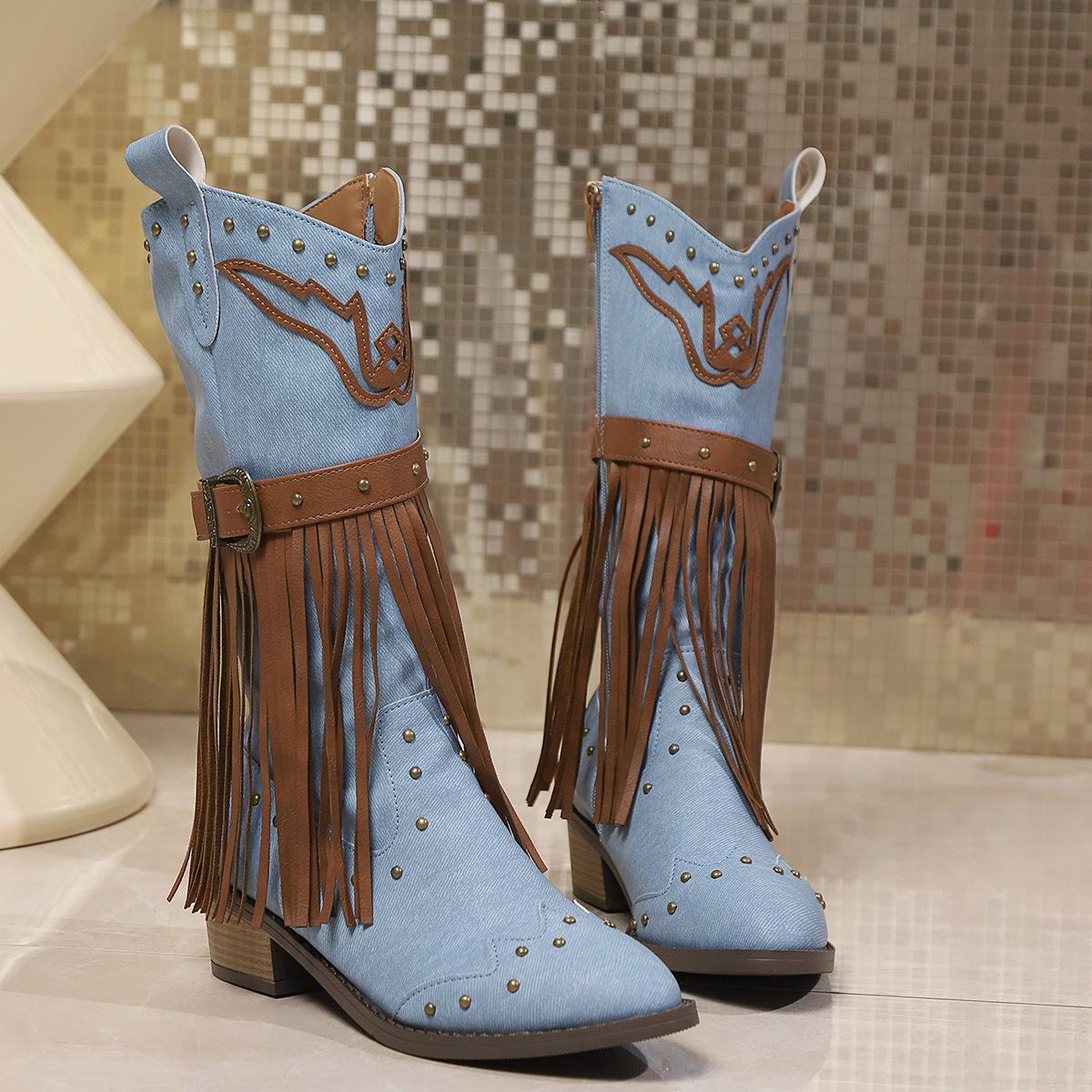 

Foreign trade medium boots large size coarse heel color matching women s boots autumn and winter new fringed boots rivet belt buckle 42 синий
