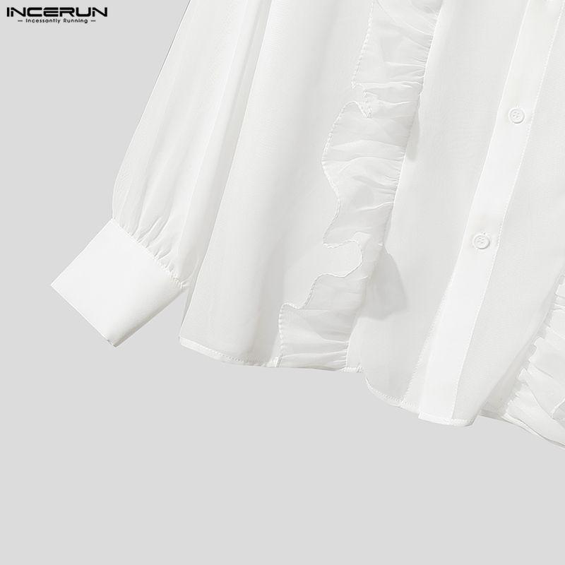 INCERUN Oversized Men Lapel Neck Long Sleeve Ruffled See Through Transparent Party Club Loose Shirts