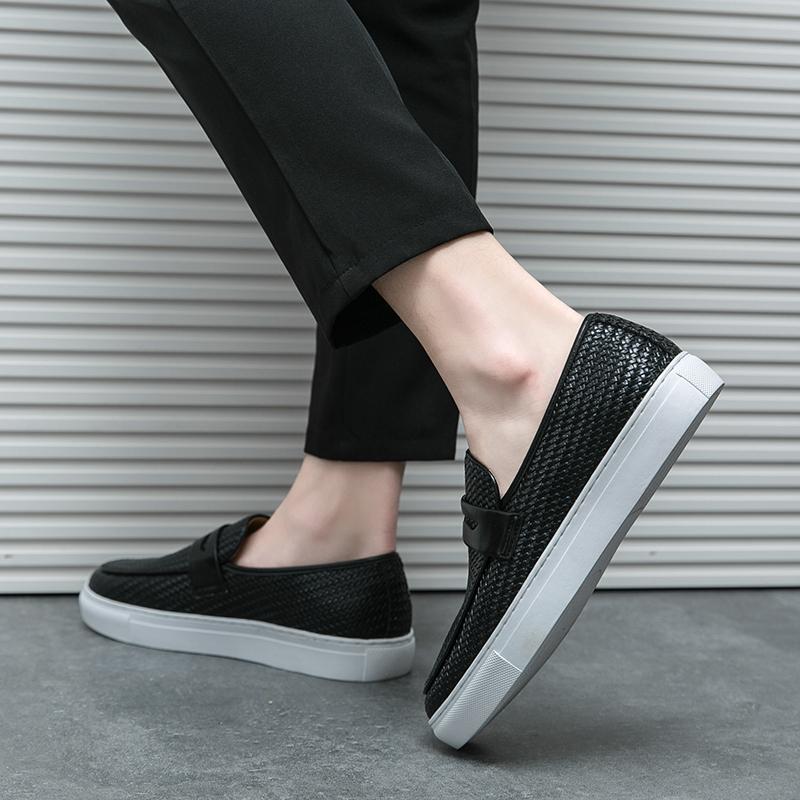 Fashion New Mens Woven Texture Loafers 39-47 Black Exquisite Stitching Upper Thick Anti-Slip Rubber Sole Business Casual Versatile Style