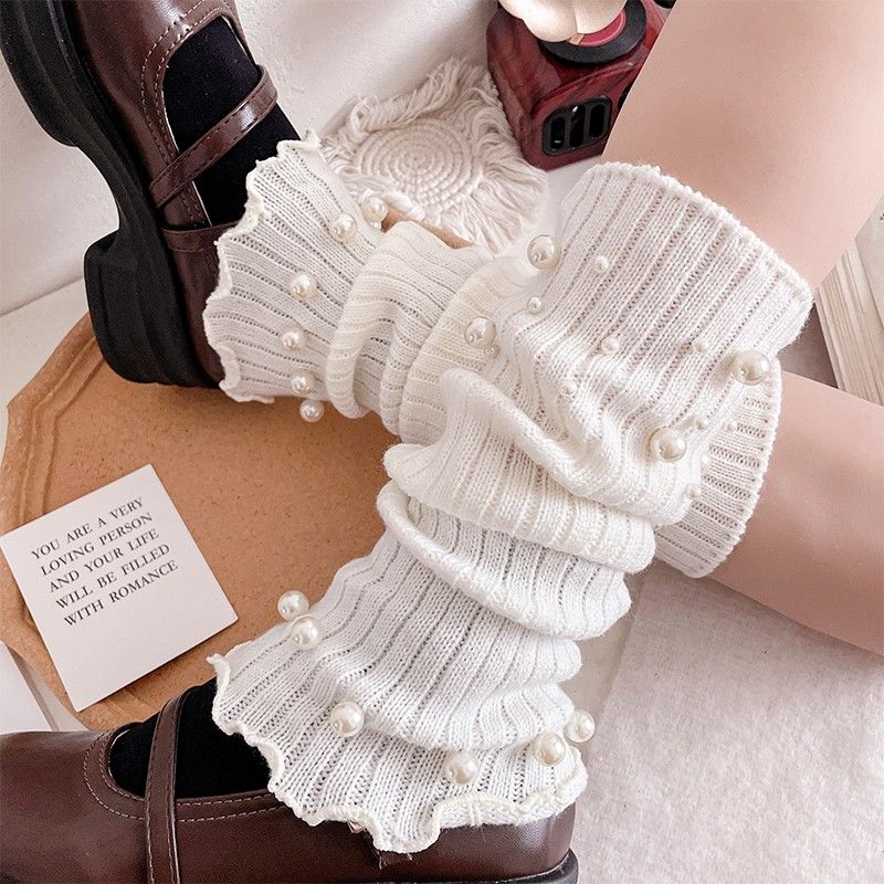 Women's Milk White Ruffled Wide-leg Leg Warmers Y2K Pearl Studded Socks JK Lolita Slouchy Long Leg Socks