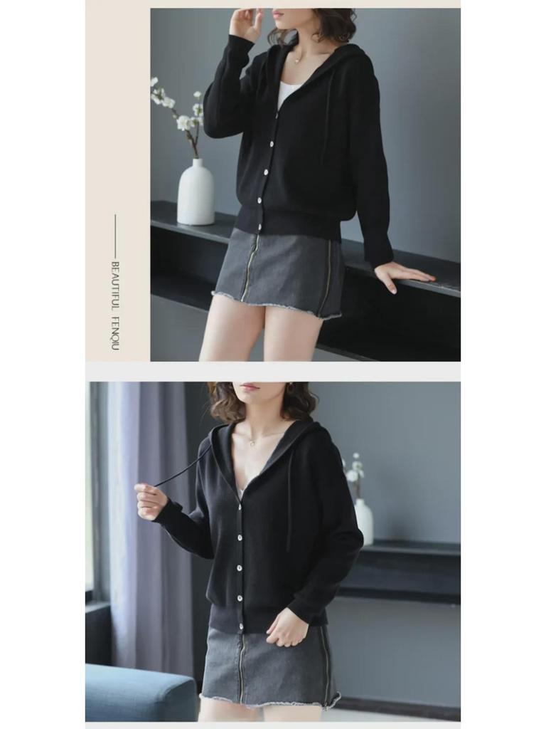 Cárdigan de punto con capucha para mujer - Corto y holgado para principios de primavera/otoño 2024