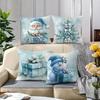 Christmas Decoration Pillow Cover Blue Santa Claus Snowman Snowflake Pattern Suitable for Home Room Sofa Cushion Cover