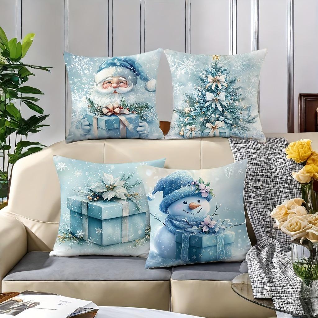 Christmas Decoration Pillow Cover Blue Santa Claus Snowman Snowflake Pattern Suitable for Home Room Sofa Cushion Cover