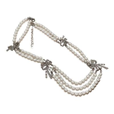 Imitation Pearls Necklace with Multiple Strands Rhinestones Bowknot Clavicle Chain Handmade Adjustable Length Neckchain