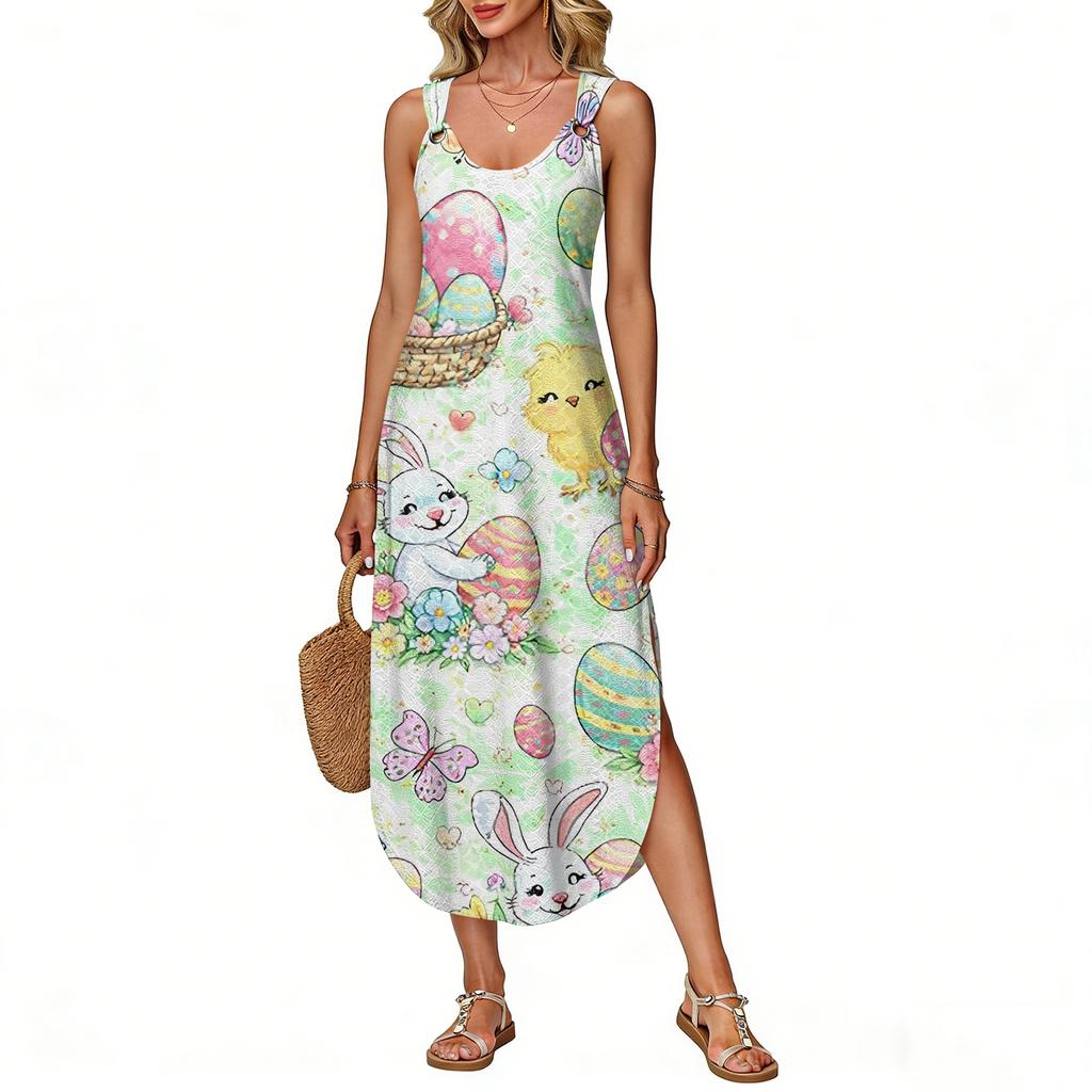 Robe d'été longue pour femme, sans manches avec fente latérale, longue robe débardeur imprimée pour Pâques