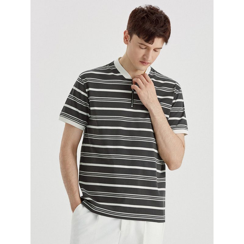 Paper Crane Men Stripes Short Sleeve Summer Fashion Baseball Collar Half Sleeve Lightweight Stretch T-shirt Classic Stripes Tops