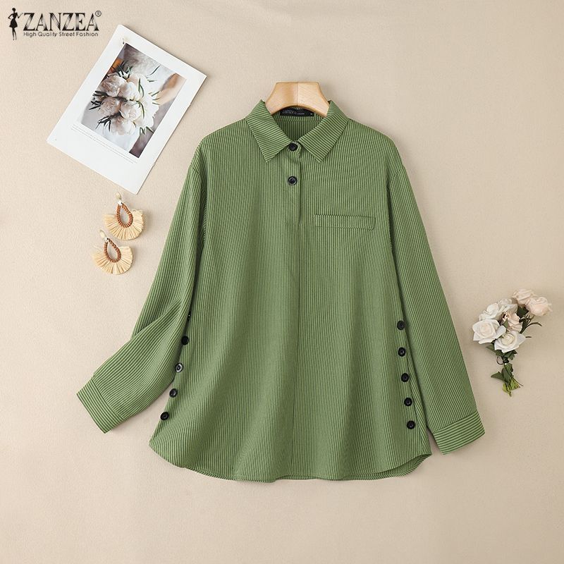 ZANZEA Women Turn Down Collar Loose Casual 3/4 Sleeve Stripe Blouse