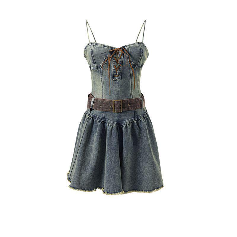 2025 Summer Plus Size Retro Denim Waist-Cinching Slip Dress for Women
