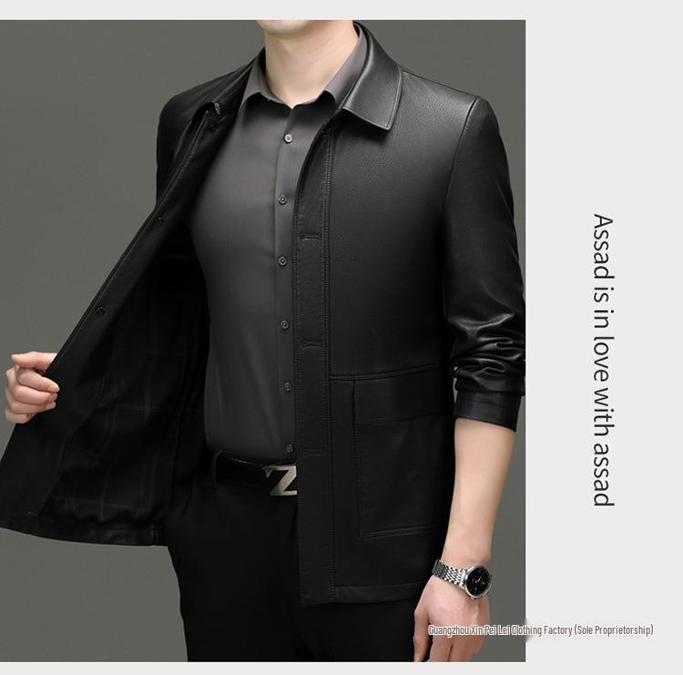 Men's Casual Sheepskin Leather Jacket: Turn-Down Collar, Ideal for Spring/Autumn, Perfect for Middle-Aged and Elderly.