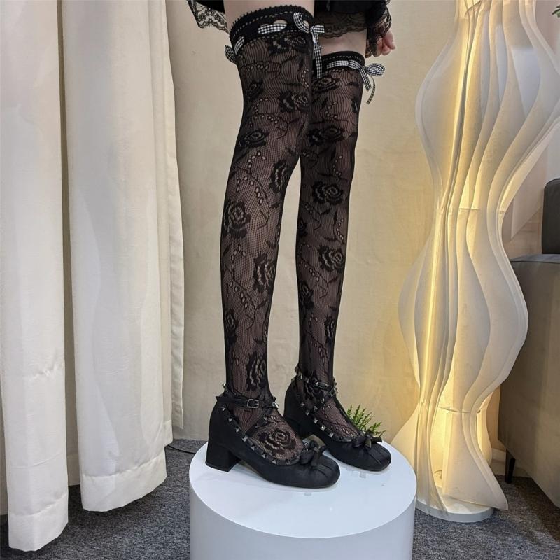 Lace Thigh High Socks With Rose Pattern Hollows Out Design Breathable Over Knee Stockings For Women Comfortable Polyester