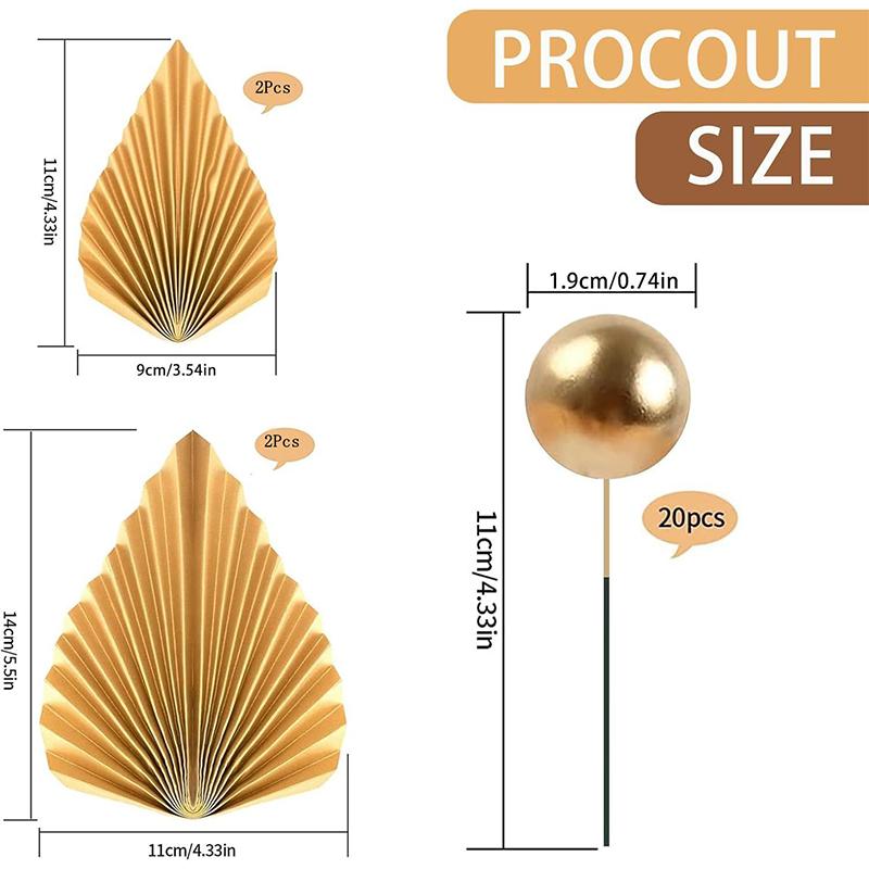 24Pcs Gold Balls Cake Toppers Gold Palm Leaves Cake Decorations Insert Decorations for Birthday Baby Shower Wedding Party Decor