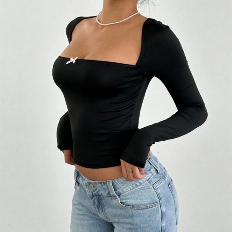 Ladies Spring Autumn Long Sleeve Square Collar Bodycon Pullover Casual T Shirt Crop Top