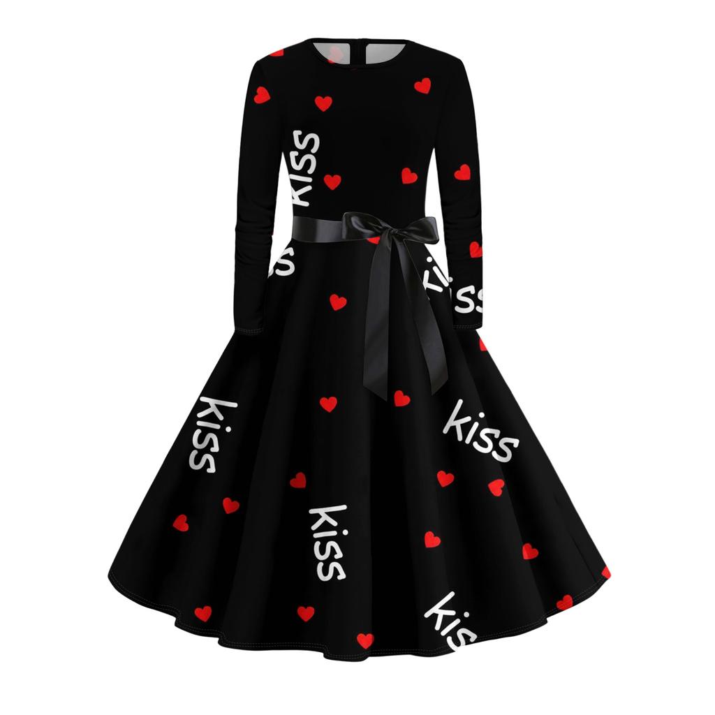 Damen Casual Mode Langarm Vintage Lange Kleider Frühling Valentinstag