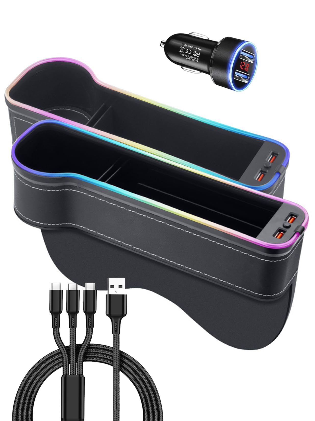 

Светодиодный автомобильный бокс для хранения сбоку, Освещение, 7 цветов, Боковой карман для сиденья, Автомобильный кейс для хранения, Driver s seat + passenger seat