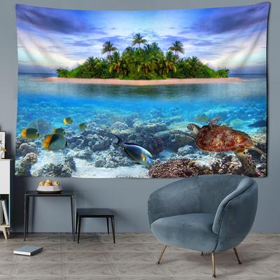 Tapiz de pintura de paisaje de isla para colgar en la pared, tortuga, pez, estética, habitación, arte bohemio, naturaleza, misterio, decoración del hogar