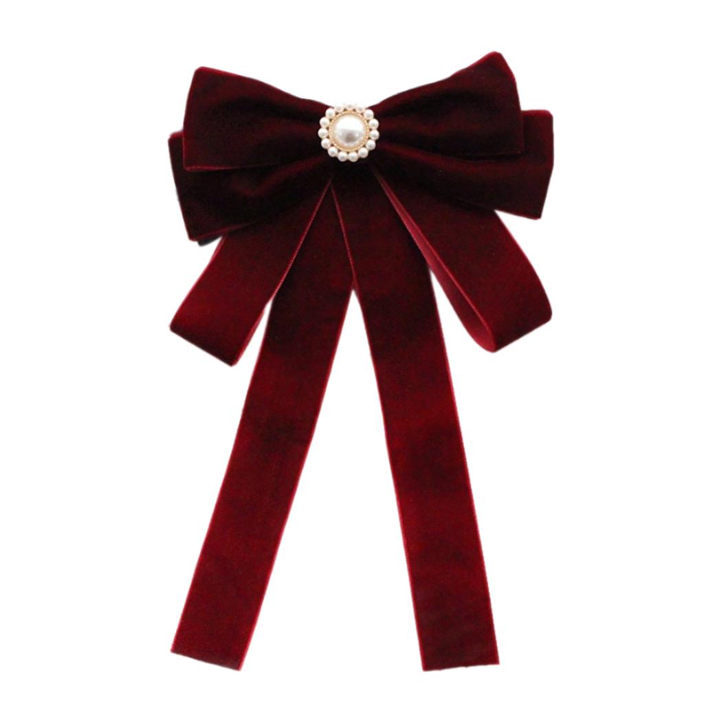Elegant Women's Velvets Bows Tie Brooch Pin Pre Tied Bowknot Necktie with Rhinestones and Pearls Decors for Formal Event