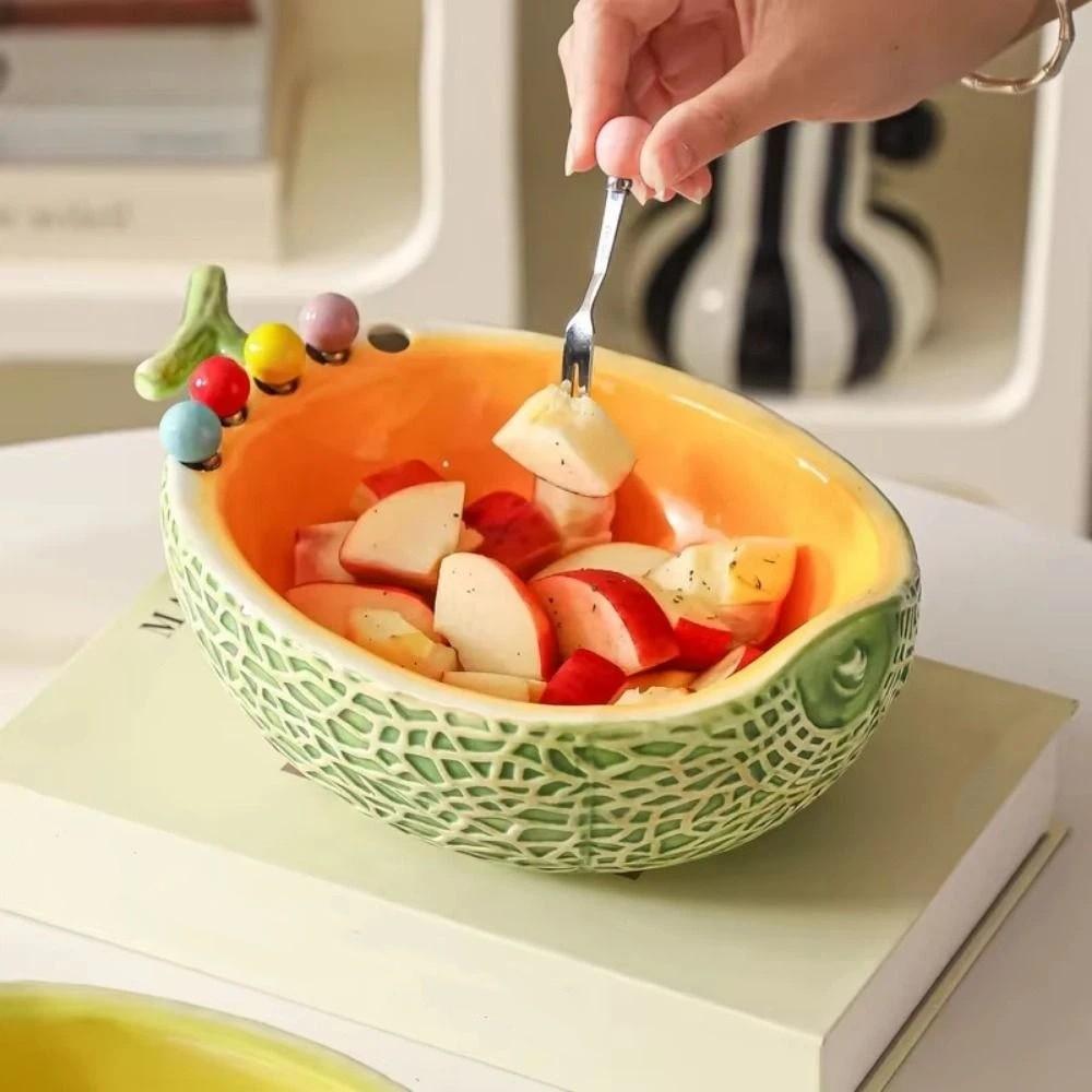 Hami Melon Shape Fruit Bowl with Fork Large Capacity Cute Toothpick with Holder Household Use