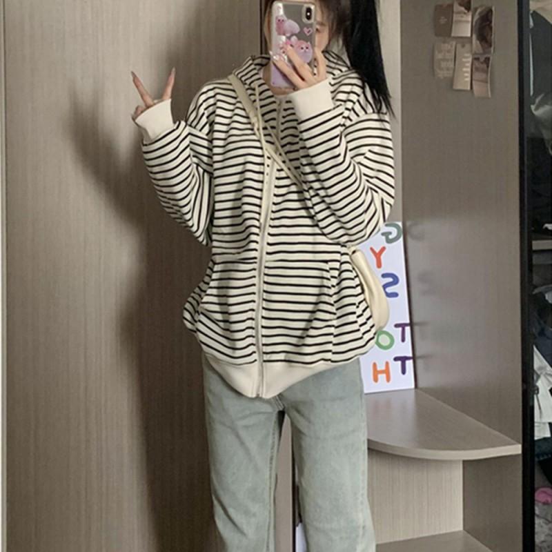 Womens Striped Hooded Zip Sweatshirt Loose Casual Long Sleeve Top Fall Winter