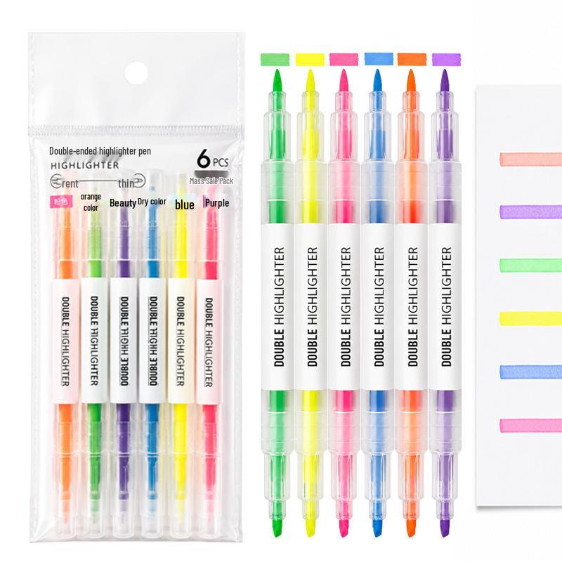 6-Color Double-Ended Fluorescent Highlighter Pen Set with Oblique Tips for Students and DIY Projects