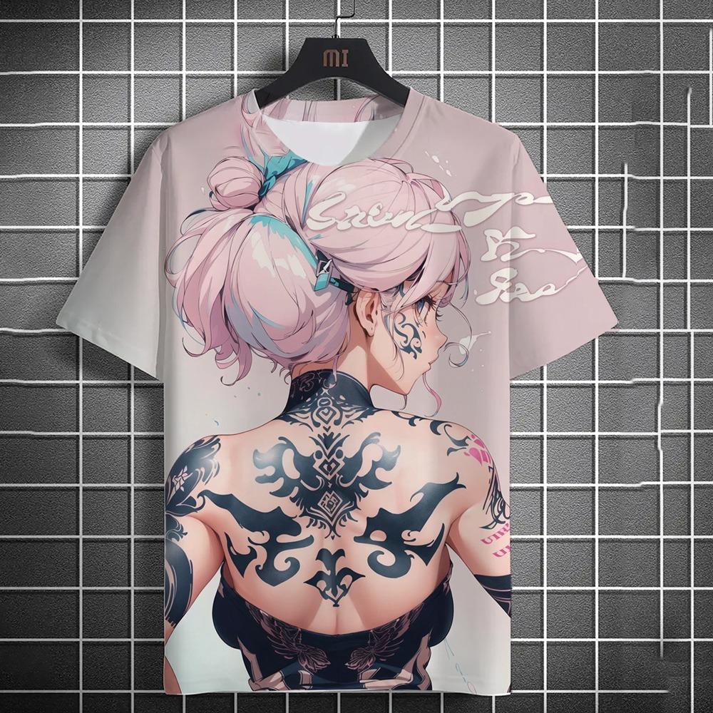 Men's T-shirt 3D printed anime goddess back tattoo print T-shirt casual loose short sleeved T-shirt men's home clothing top