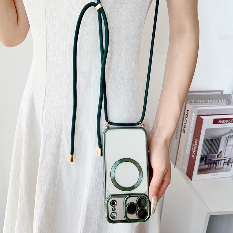 Plating Clear Magnetic For Magsafe Wireless Charging Cases For iPhone 17 16 15 14 12 13 Pro Max 12 11 Crossbody Lanyard Necklace Cover