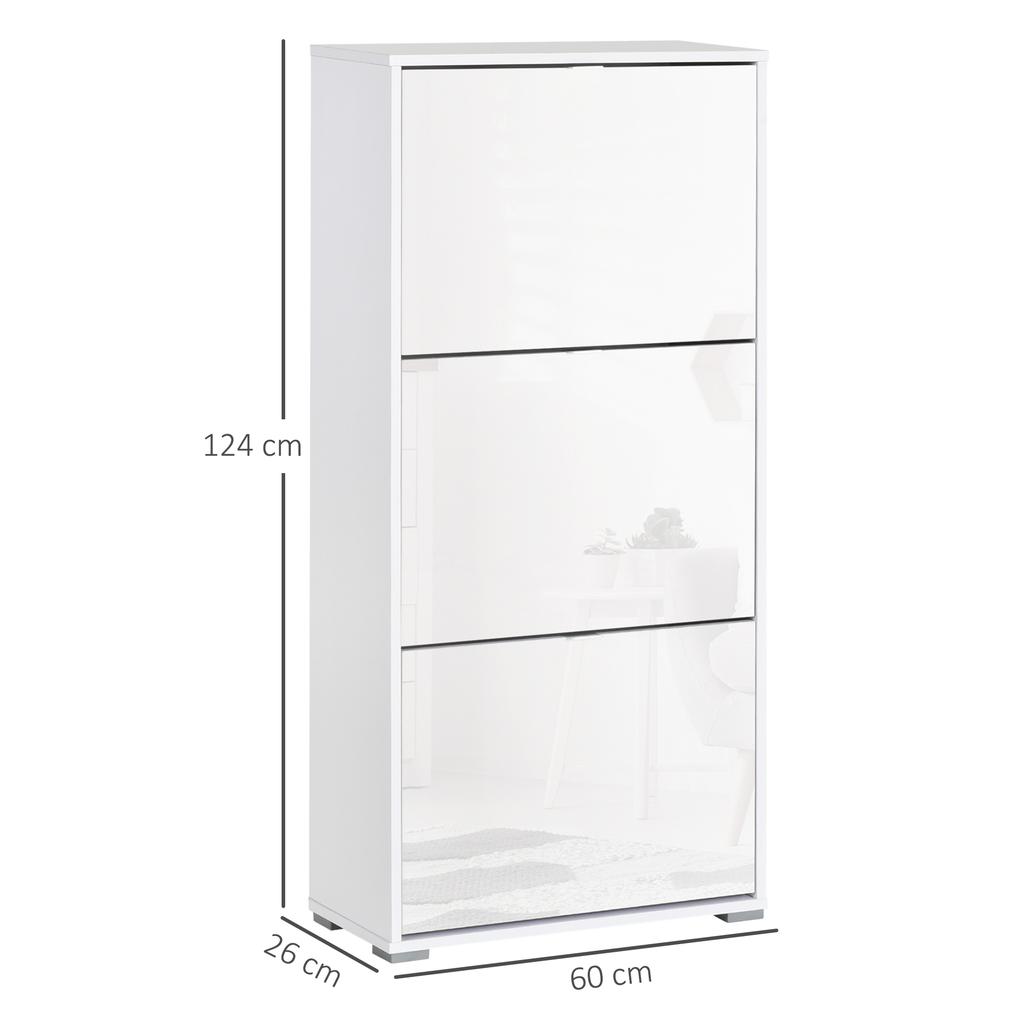 Shoe Cabinet Shoe Rack 3 Drop Down Doors 3 Compartments Wooden 60L X 26I X 124H Cm White Lacquered