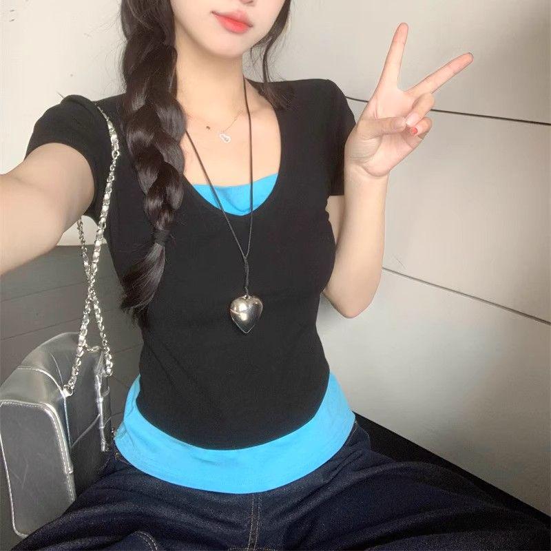 

Летняя женская футболка с короткими рукавами, двухцветная, из двух частей M