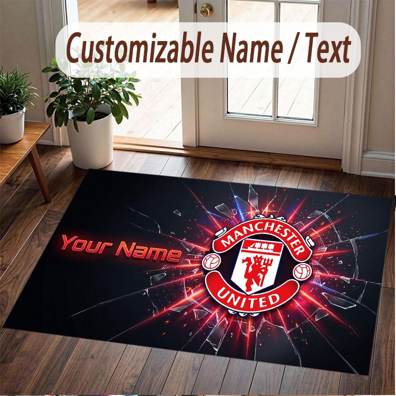 Custom Rug Manchester United Pattern Print Name Text Soft Non‑Slip Floor Carpet for Home Indoor Decoration