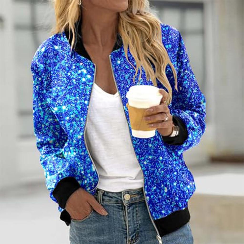 Women's Fashion Long Sleeve Sequin Print Round Neck Zip Jacket