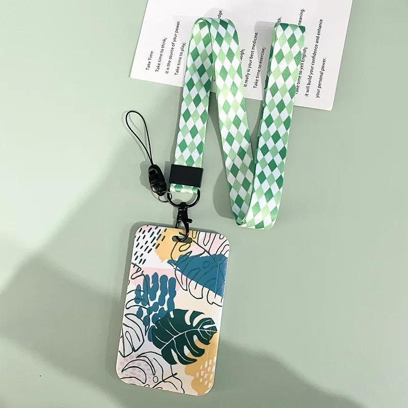 Women Green Cards Protecting Credit Card Holder with Lanyard String Student Plant Print Bus ID Name Badge Plastic Card Cover