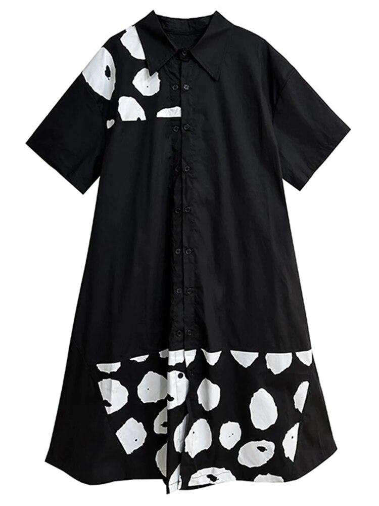 XITAO Contrast Color Print Short Sleeve A-line Dress Turn Down Collar Single Breasted Simplicity Loose Summer Dress LYD1874