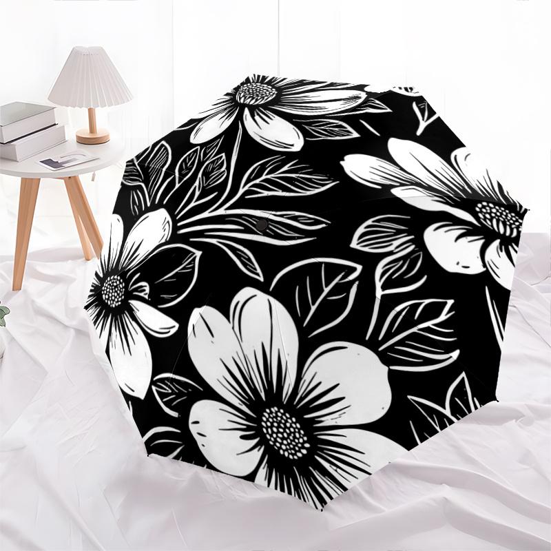 1pc Black and White Floral Pattern Pattern Automatic Umbrella Is Fashionable and Good-Looking, a Portable 3-Fold Umbrella, Suitable for Travel and Dai