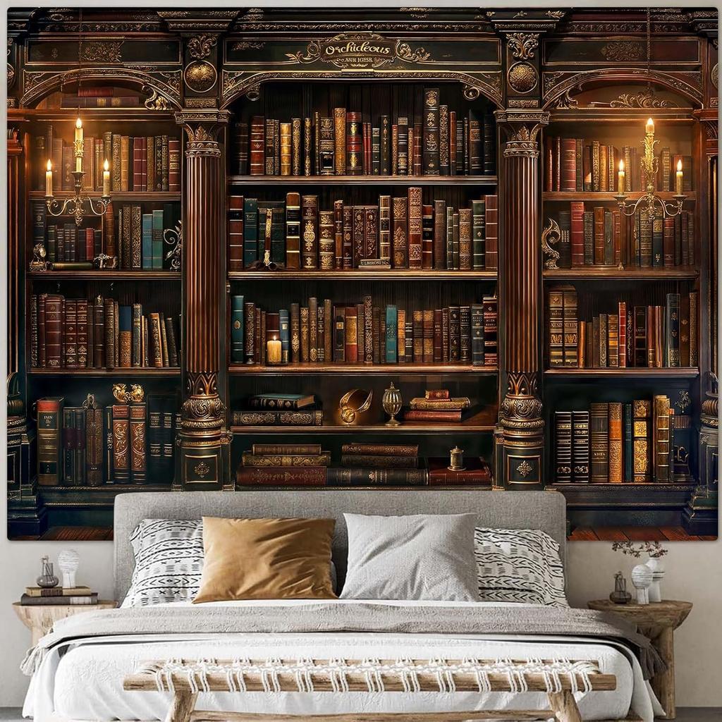 Arazzo Libreria Vintage Arte Medievale Arazzi per Libri Appeso a Parete Gotico Dark Academia Sfondo Libreria Retrò Arazzo per