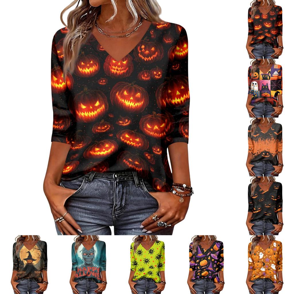 Women's Casual Halloween Print V Neck Top Three Quarter Sleeve Lightweight Blouse for Seasonal Wear