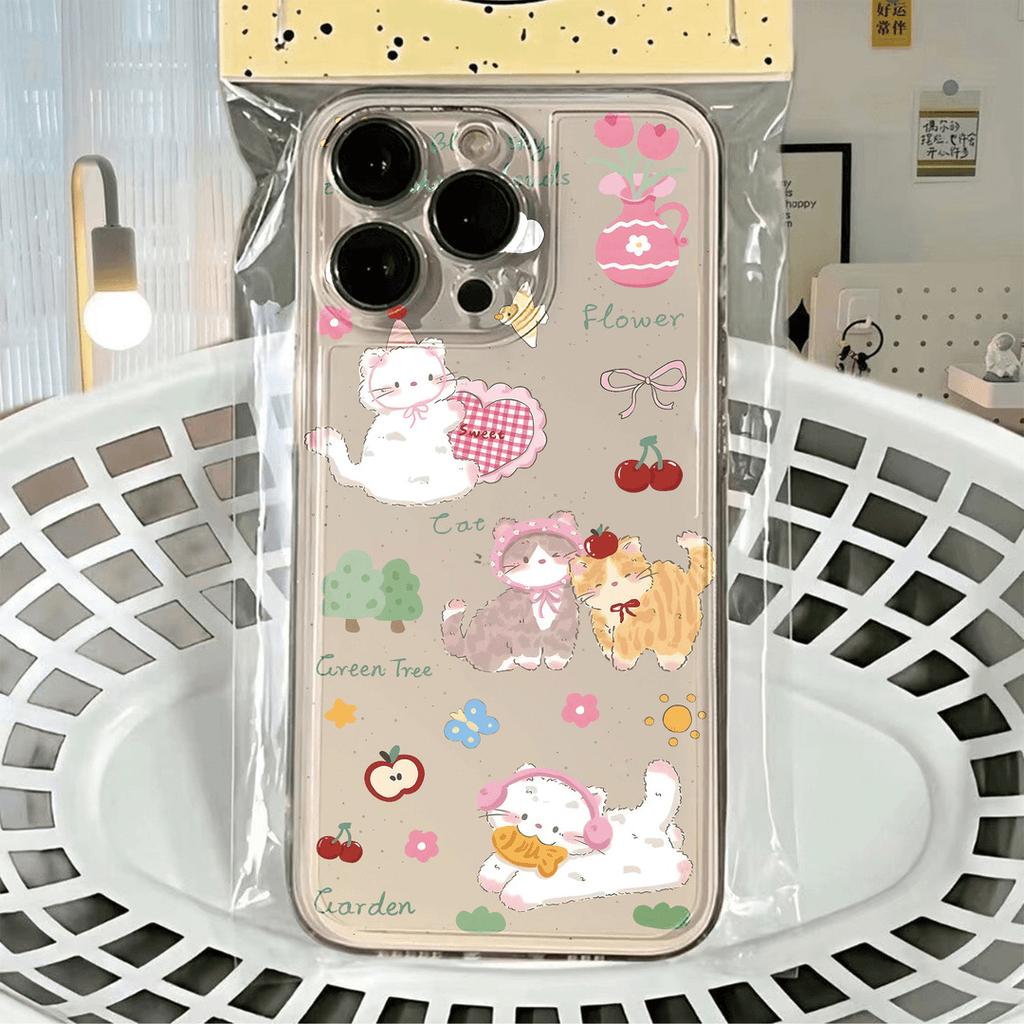 Cute cat is suitable for Apple 16/12/13 mobile phone case 14/15promax transparent 7/8P soft XS fine hole