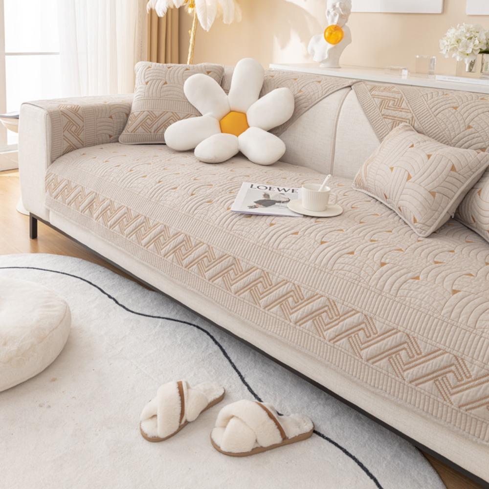 Washable Cotton Quilted Sofa Protector Non Slip Modern Embroidery Sofa Cover All Season Use