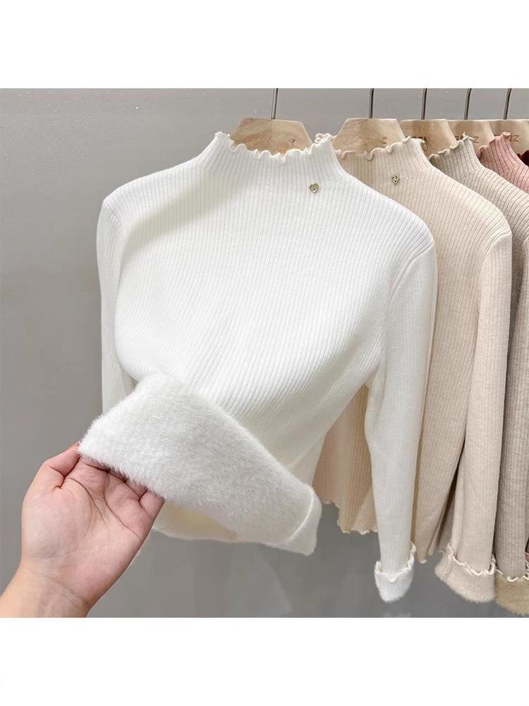 Women's Velvet Half-High Collar Sweater: Solid Color, Warm, Slim-Fit, Autumn/Winter Style, Simple & Soft Knitted Base Layer.