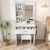 Small Vanity Table Set with Mirror and Adjustable LED Lighting, Socket, Hair Dryer Holder & Padded Stool - Drawers and Shelf, White, W60/H131.5/D38cm