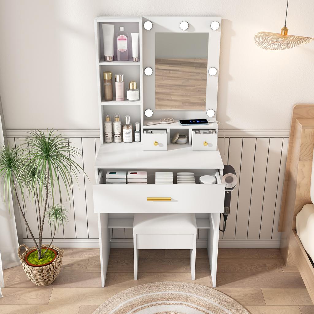 Small Vanity Table Set with Mirror and Adjustable LED Lighting, Socket, Hair Dryer Holder & Padded Stool - Drawers and Shelf, White, W60/H131.5/D38cm