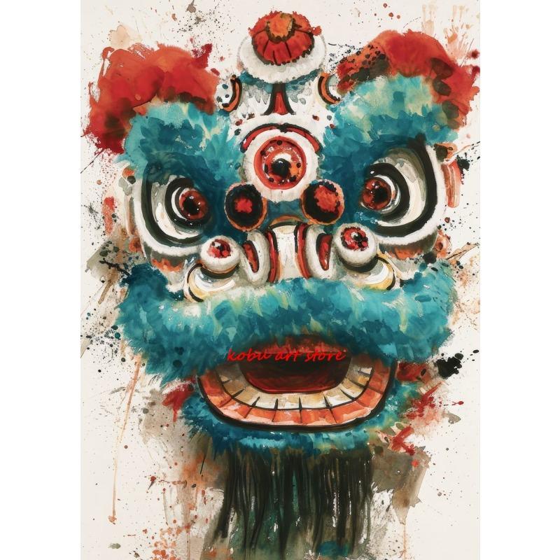 Traditional Chinese Lion Dance Posters Ink Wash Style Lion Poster and Print Canvas Painting Wall Art Picture for Room Home Decor